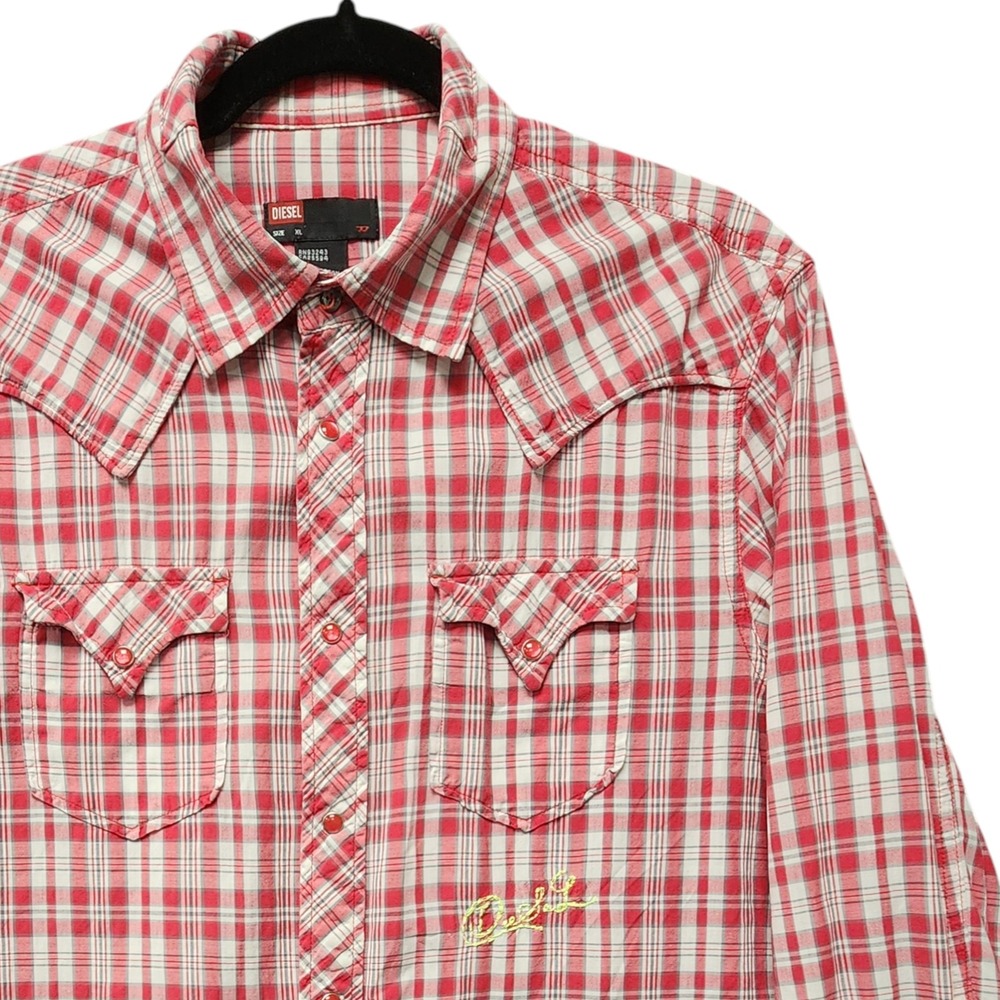 Vintage Diesel Western Shirt Men XL (Fits as Large) Plaid Pearl Snap Embroidered